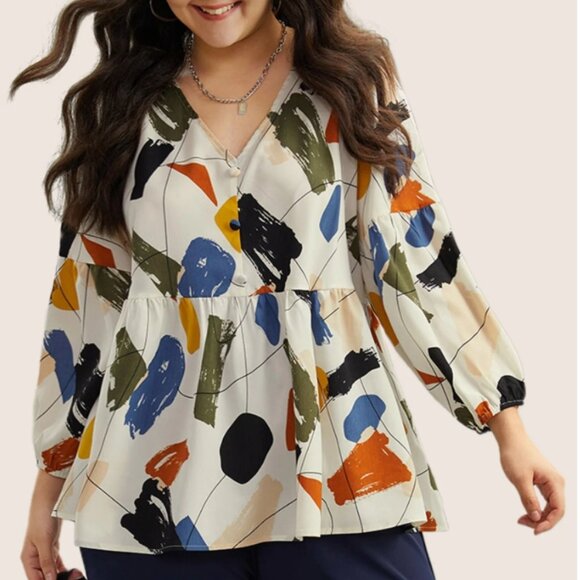 Women's 22 PLUS Ivory Brush Print Button Detail Elastic Cuffs Curvy Blouse - Picture 2 of 7